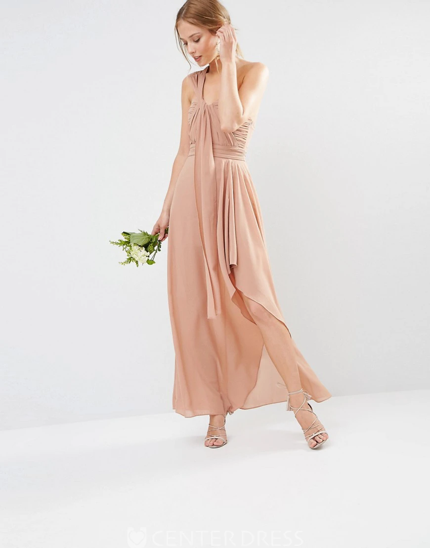 High-Low Sleeveless One-Shoulder Ruched Chiffon Bridesmaid Dress