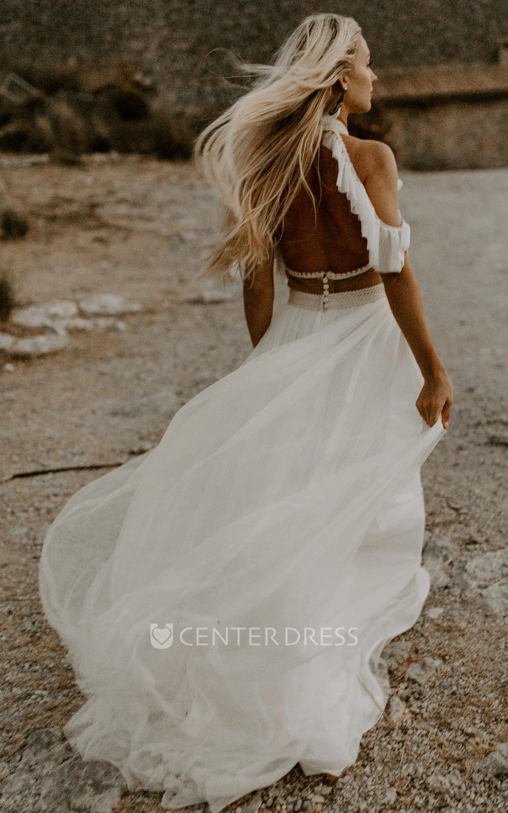 Greek A-Line Off-the-shoulder Tulle Wedding Dress With Button Back And Halter Neckline
