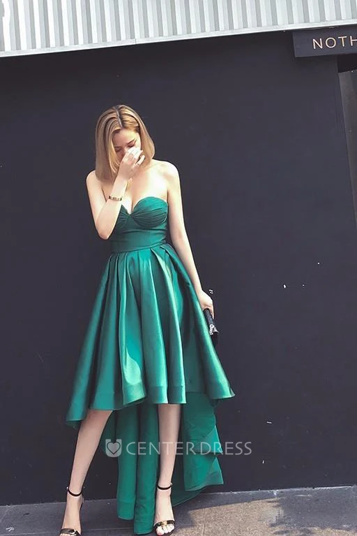 Sexy Sweetheart Strapless Satin High-Low Lace-up Gown with Ruching
