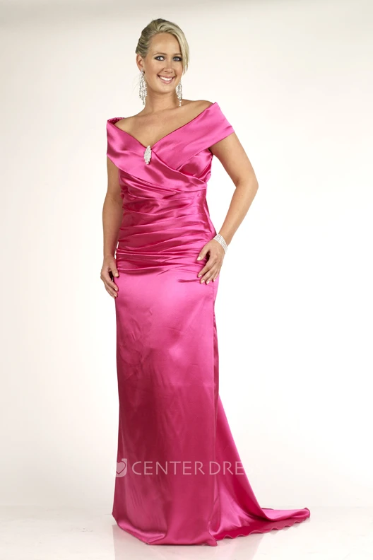 Floor-length V-neck Satin Broach Ruching Sweep Train Dress