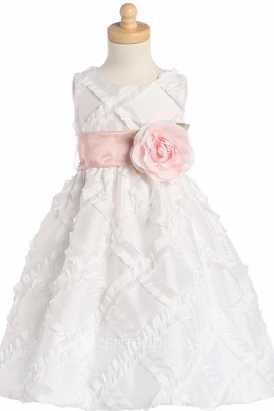 Floral Tea-Length Tiered Taffeta Flower Girl Dress With Embroidery