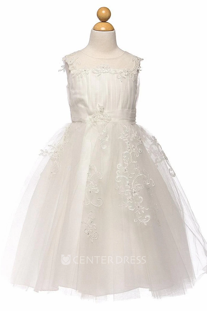 Tea-Length Embroideried Pleated Tiered Tulle Flower Girl Dress With Split Front
