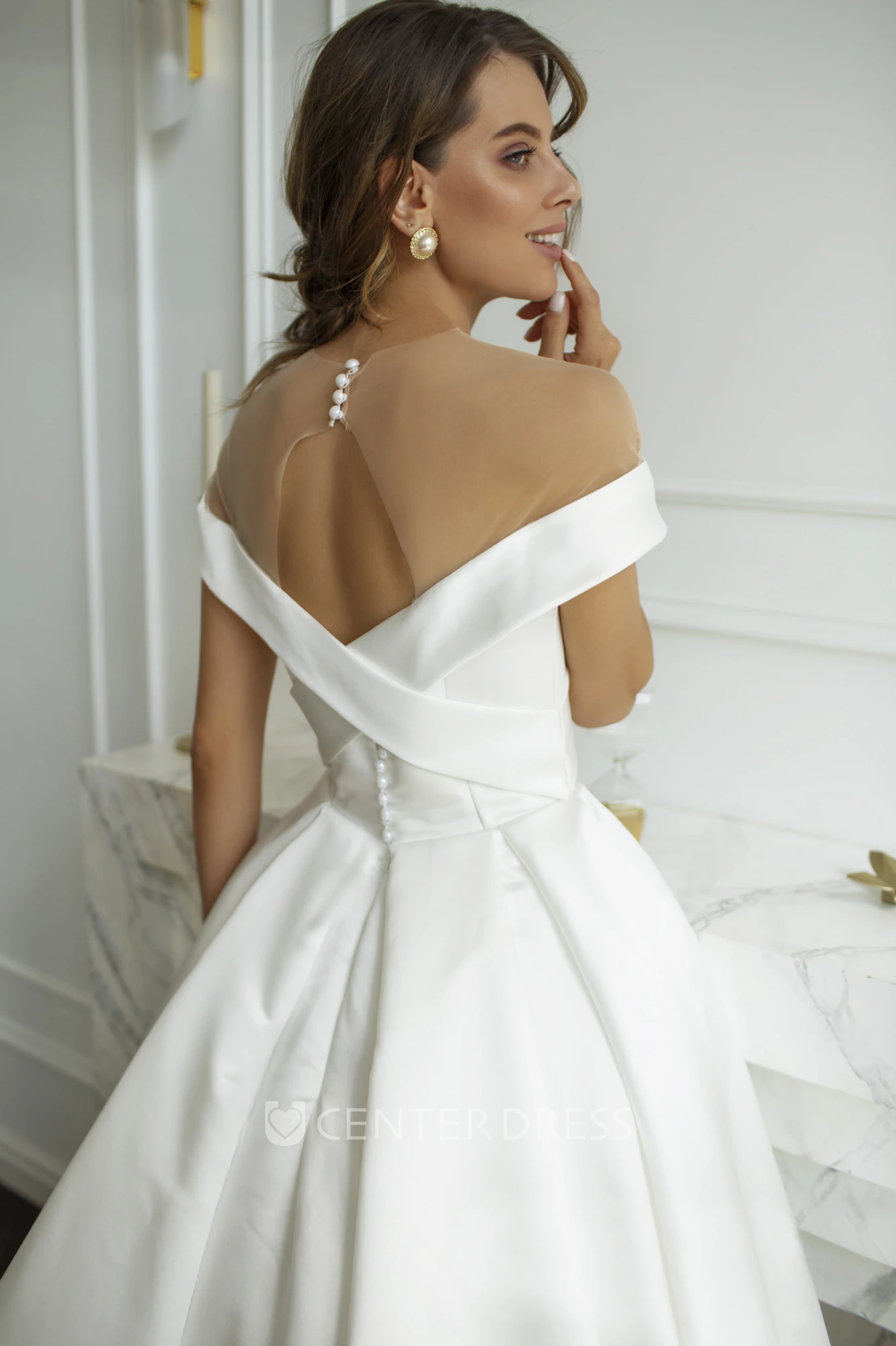 Criss Cross With Illusion Keyhole Back And Buttons Off-the-shoulder Illusion Satin Warm Wedding Dress