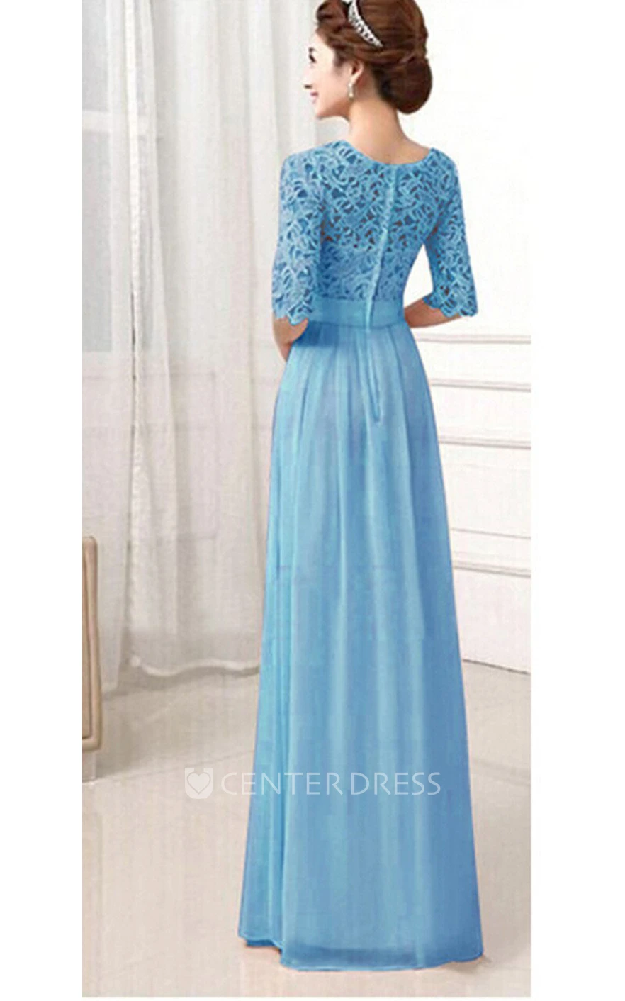 Scoop Half Sleeve Chiffon Long Bridesmaid Gown With Lace Bodice and Belt