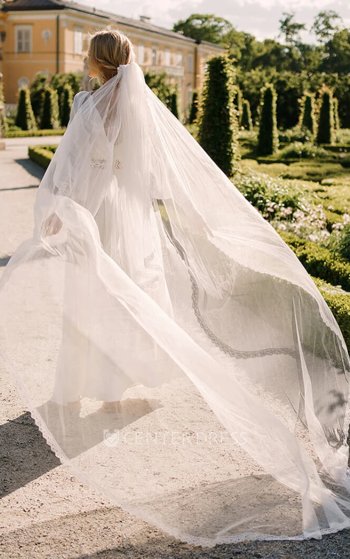 Low-V Back Lace A-Line Chiffon Spring Wedding Dress with V-Neckline