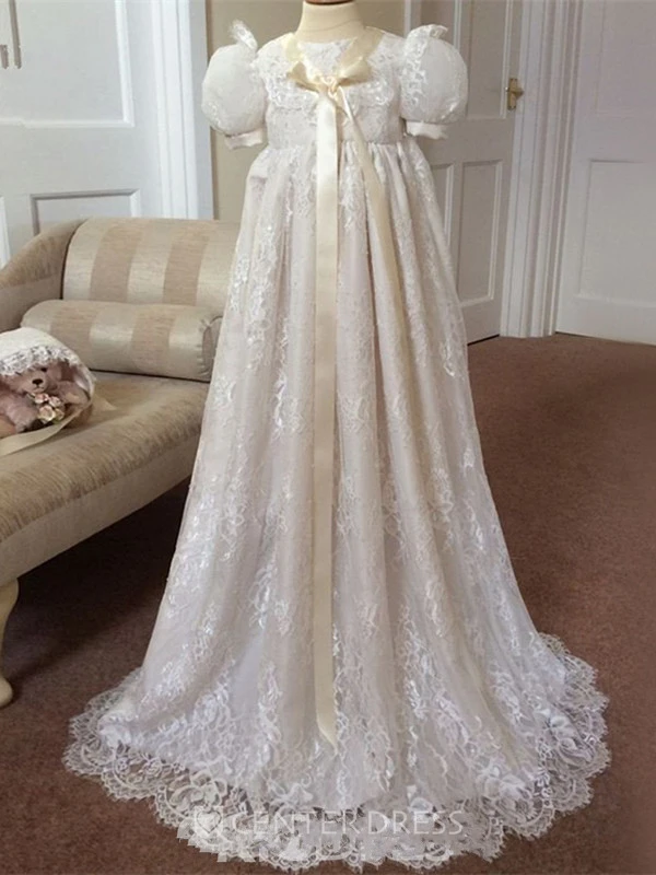 Puff Sleeve Adorable Christening Gown With Bow Appliqued