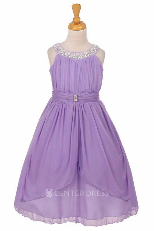 Peplum Tea-Length Tiered Pleated Chiffon&Tulle Flower Girl Dress With Ribbon