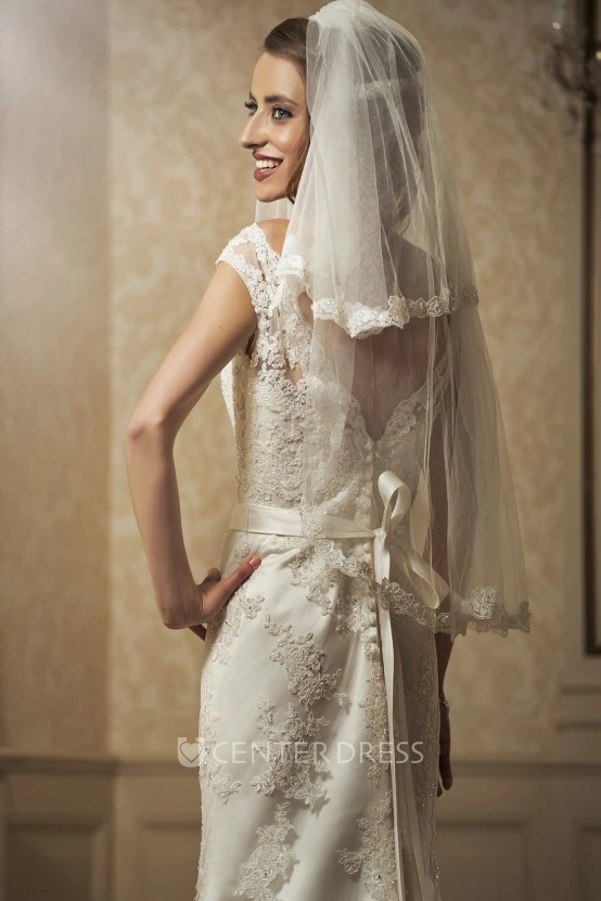 Sheath Cap-Sleeve Bateau-Neck Appliqued Floor-Length Lace Wedding Dress With Waist Jewellery And Bow
