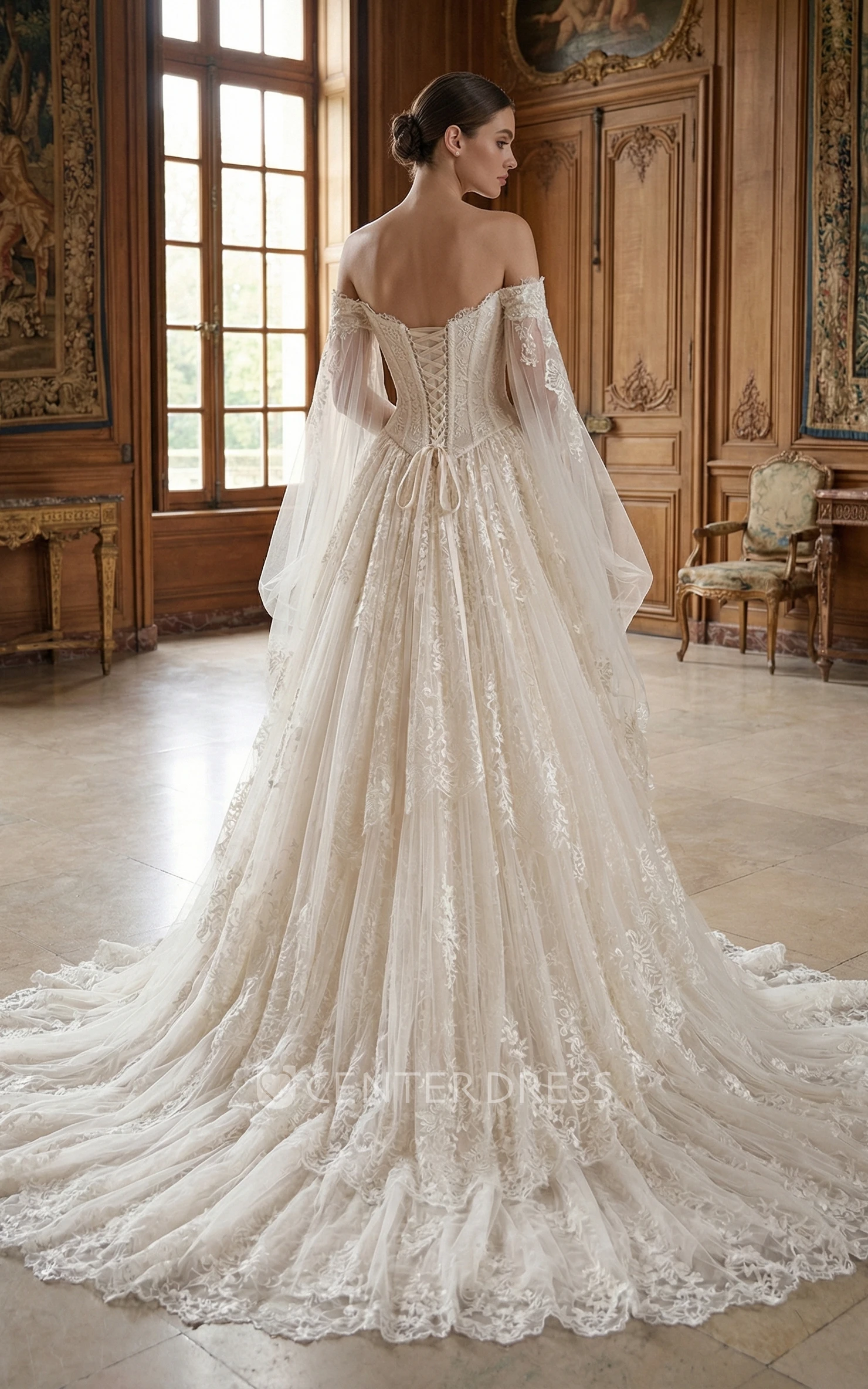 Off-the-Shoulder Lace Wedding Dress Basque Waist Corset Tulle Ethereal Princess Gown