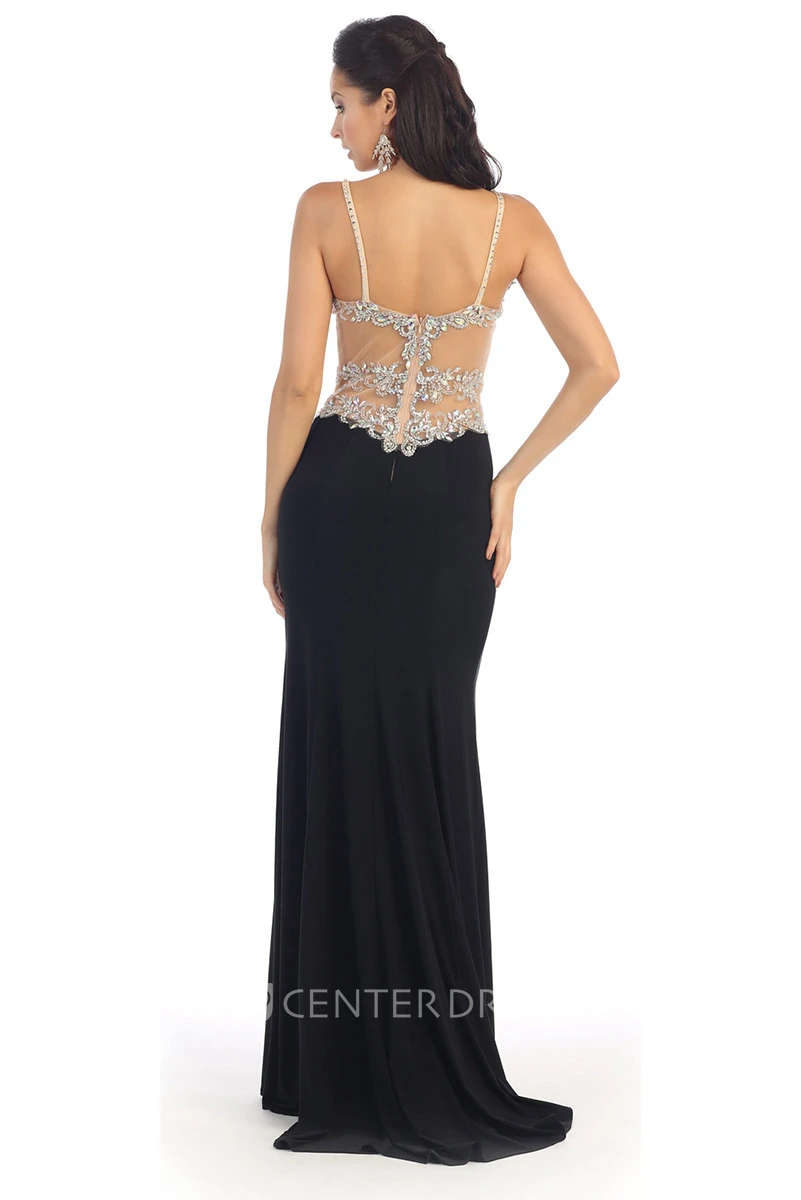 Illusion Sheath Maxi Spaghetti Sleeveless Jersey Dress With Beading