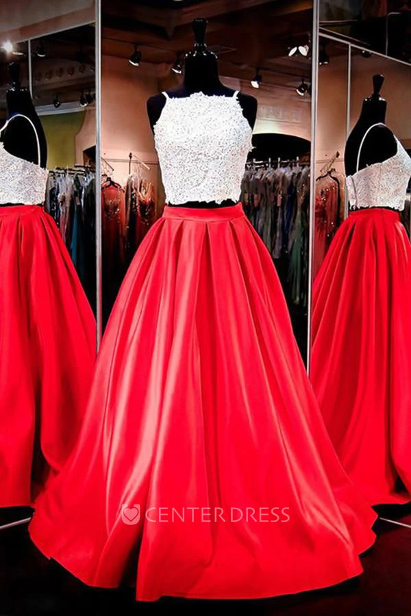 Sleeveless Sweep Brush Train A-Line High Neck Satin Lace Dress
