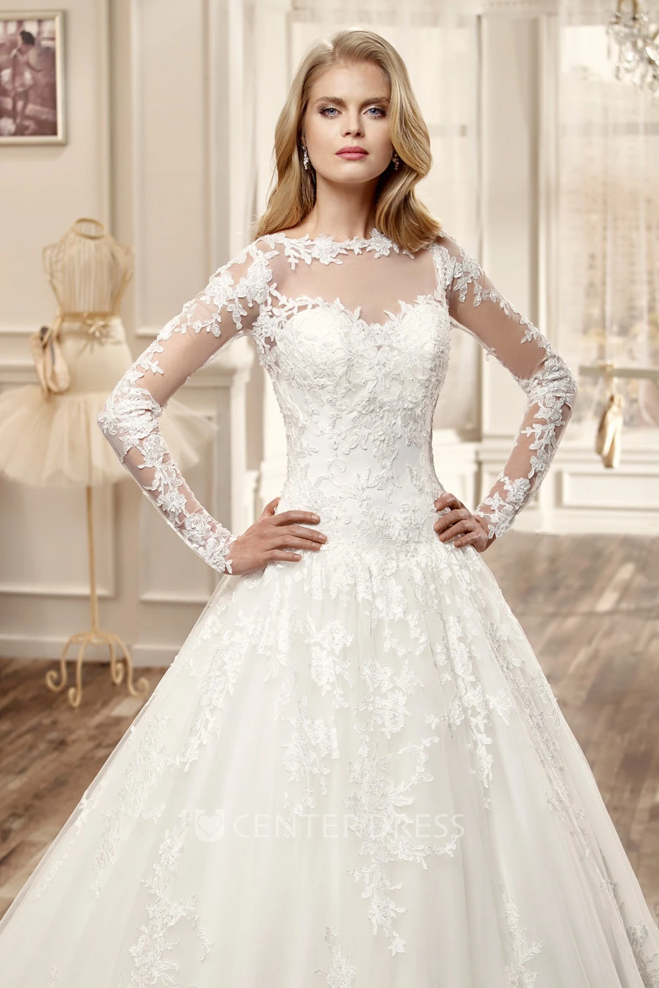 Long-Sleeve A-line Wedding Dress with Brush Train and Appliques