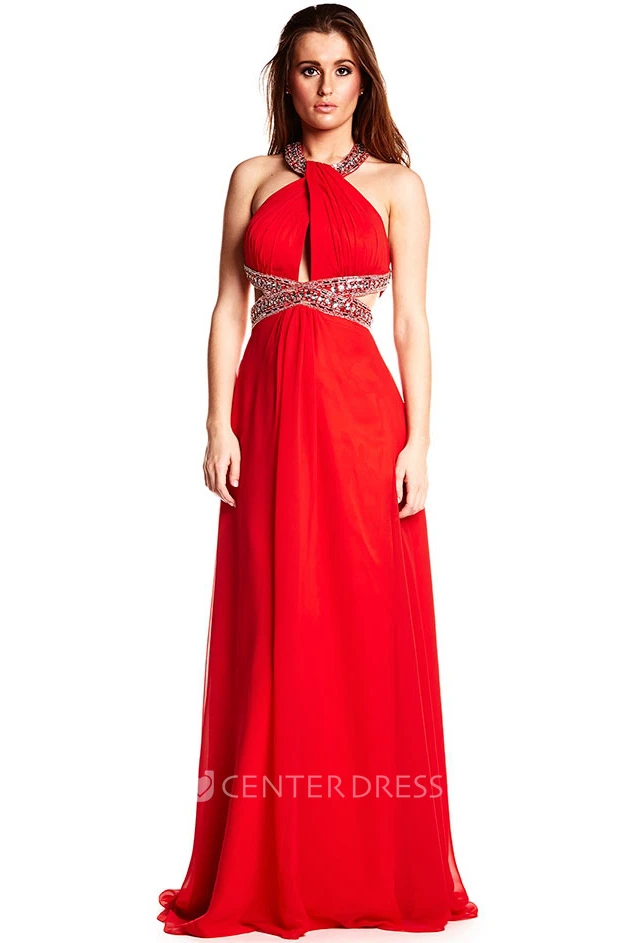 Maxi Sleeveless Beaded Halter Chiffon Prom Dress With Brush Train