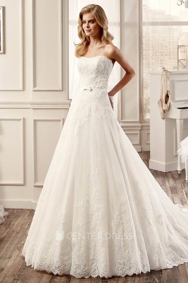 Strapless A-Line Lace Wedding Dress With Appliques And Brush Train
