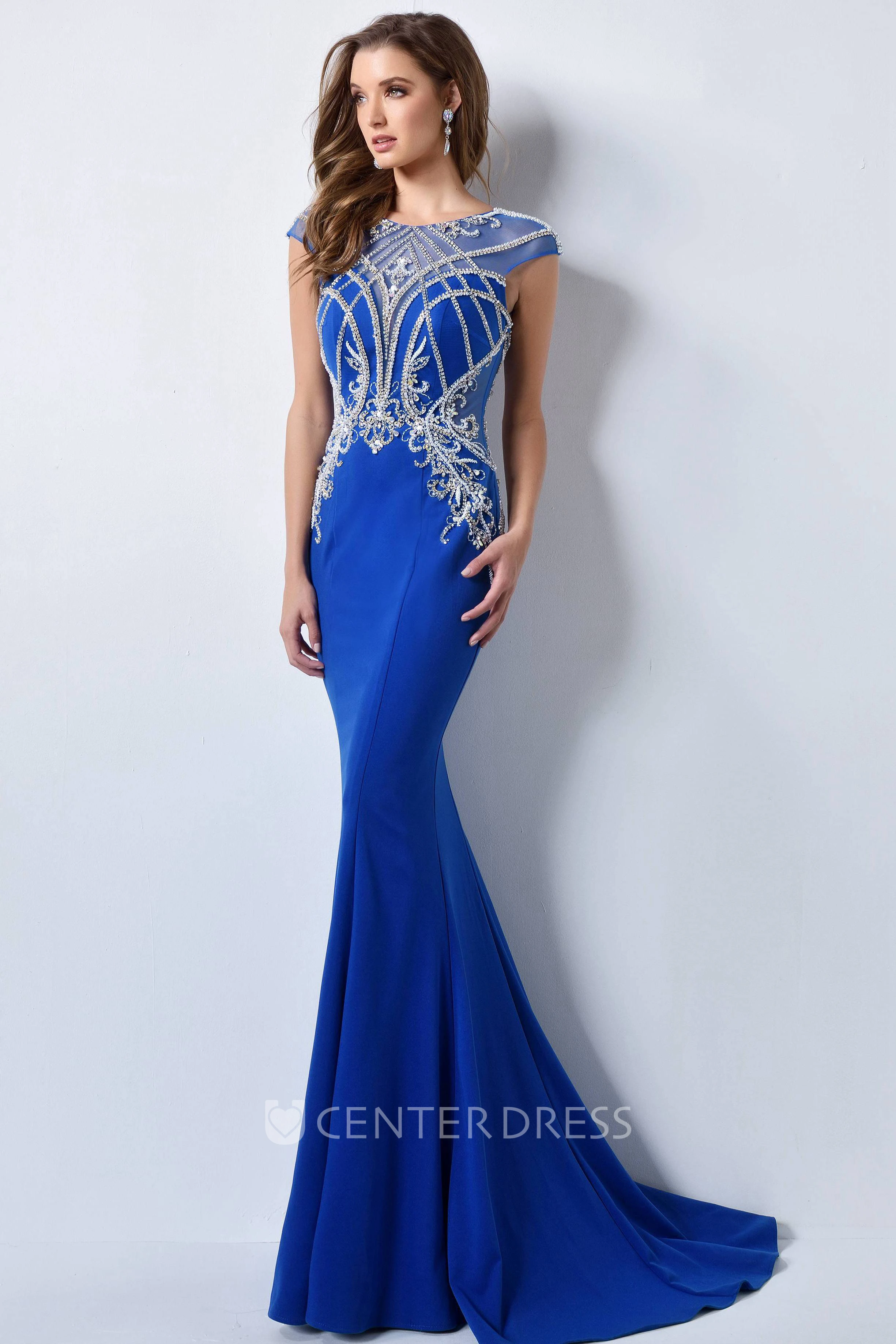 Sheath Scoop-Neck Cap-Sleeve Jersey Illusion Dress With Beading