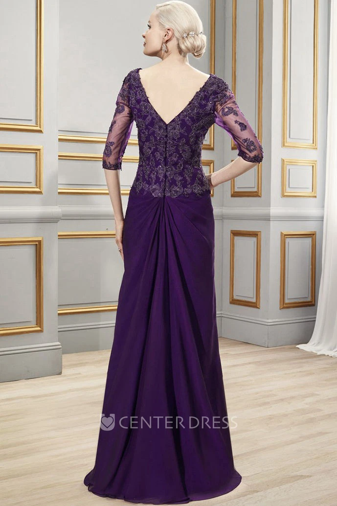Floor-Length V-Neck Half Sleeve Appliqued Chiffon Formal Dress With Draping