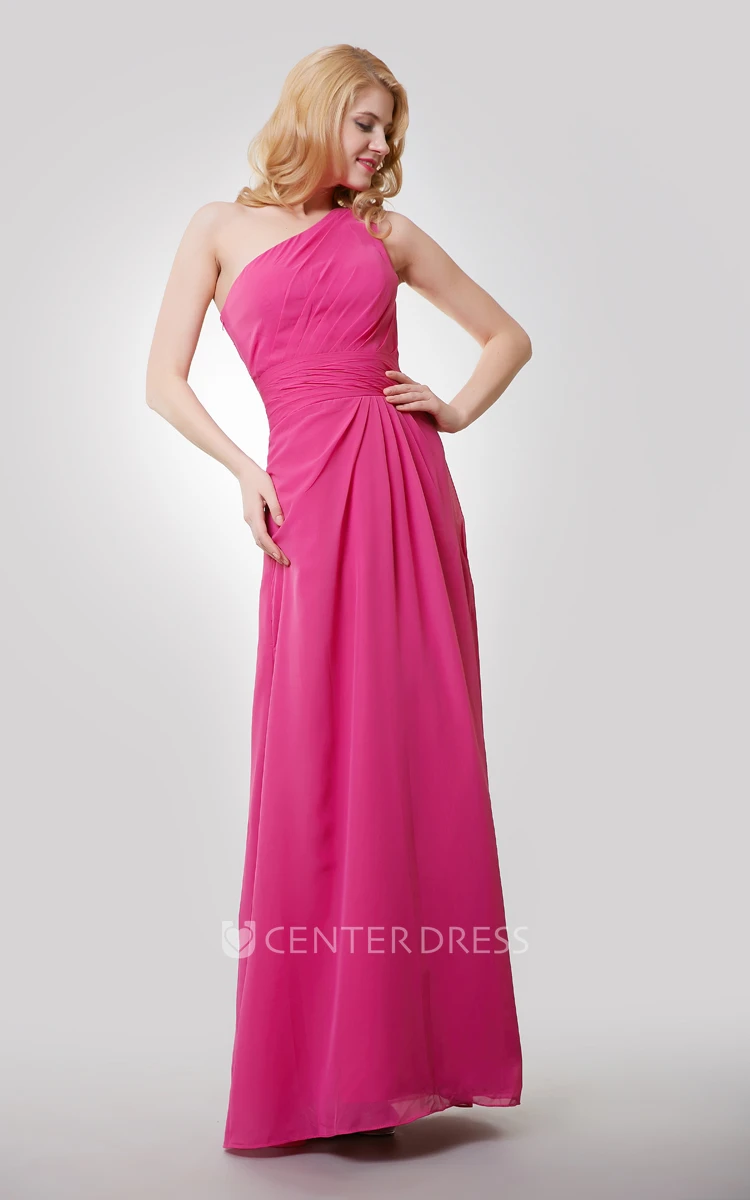 One-Shoulder Floor Length A-Line Chiffon Dress With Ruching