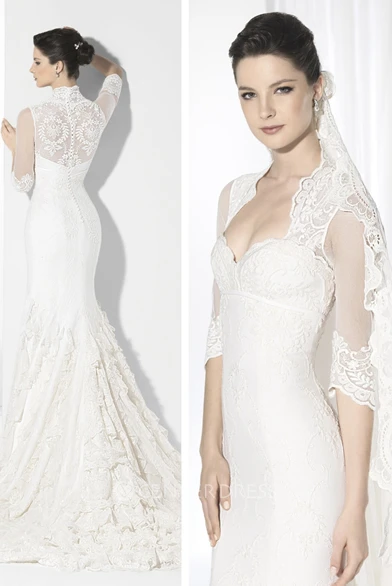 Sheath Half-Sleeve Sweetheart Ruffled Lace Wedding Dress With Illusion