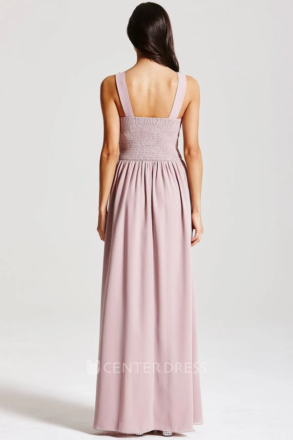 Ruched Sleeveless Bateau Neck Chiffon Bridesmaid Dress With Beading And Straps