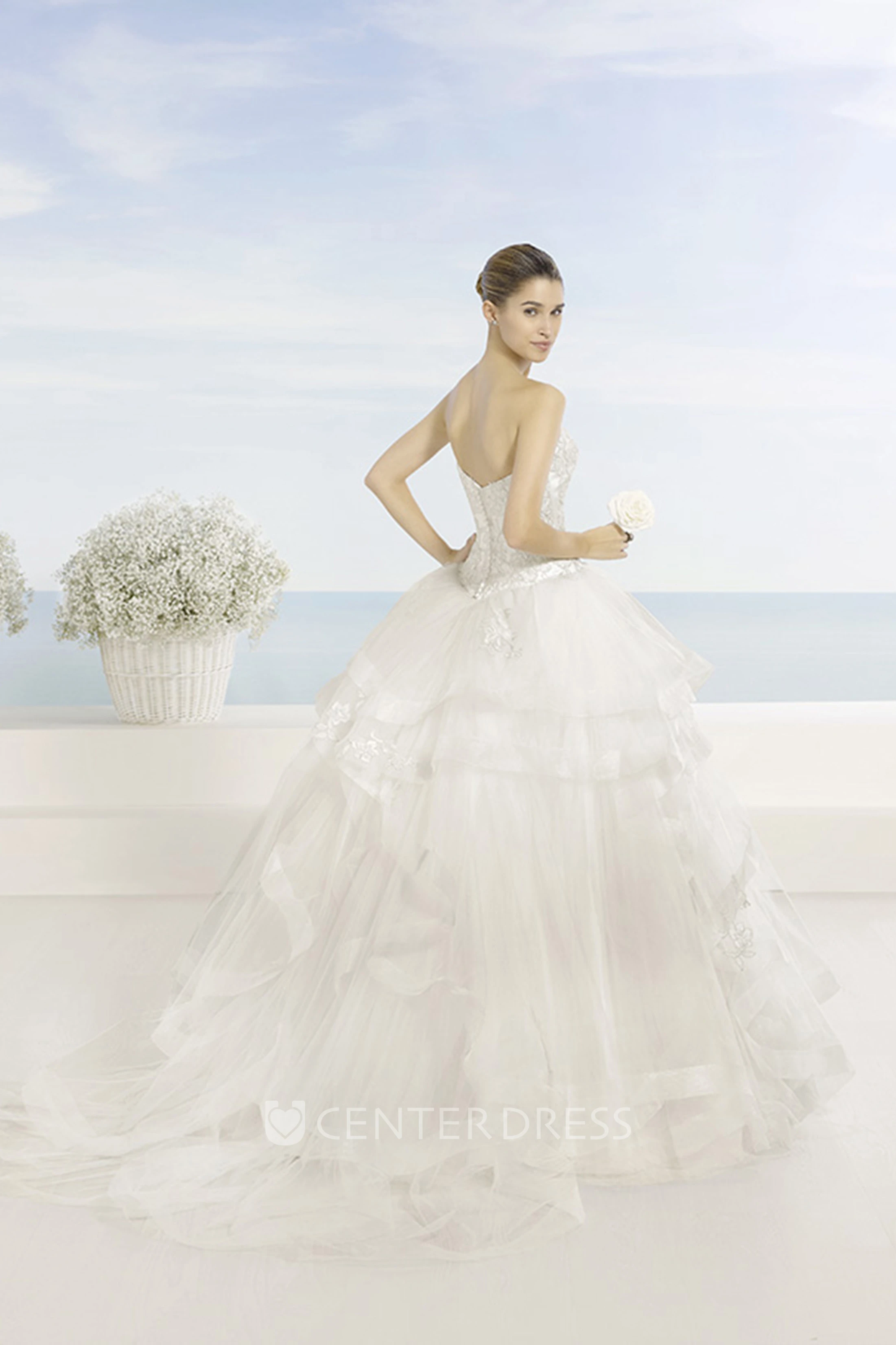 Ball Gown Draped Sweetheart Tulle Wedding Dress With Beading