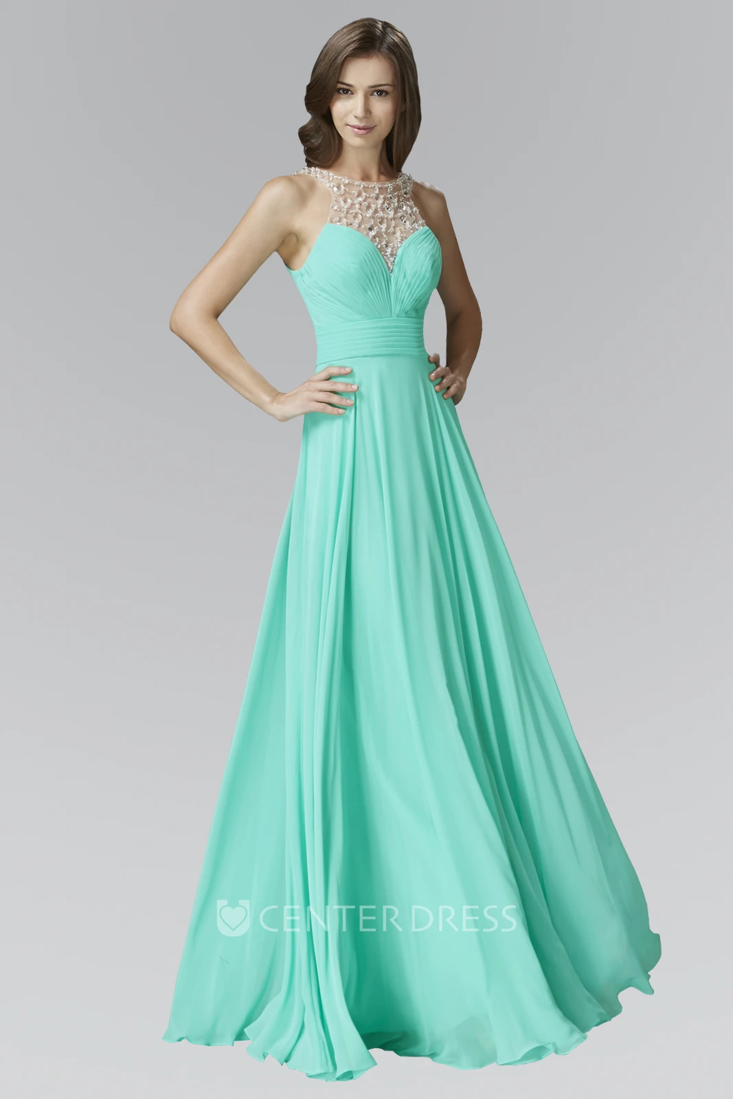 A-Line Scoop-Neck Sleeveless Chiffon Deep-V Back Dress With Beading And Pleats