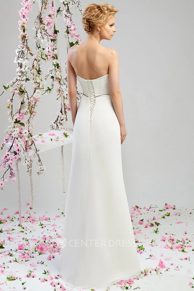 Sheath Strapless Maxi Chiffon Wedding Dress With Waist Jewellery And Corset Back