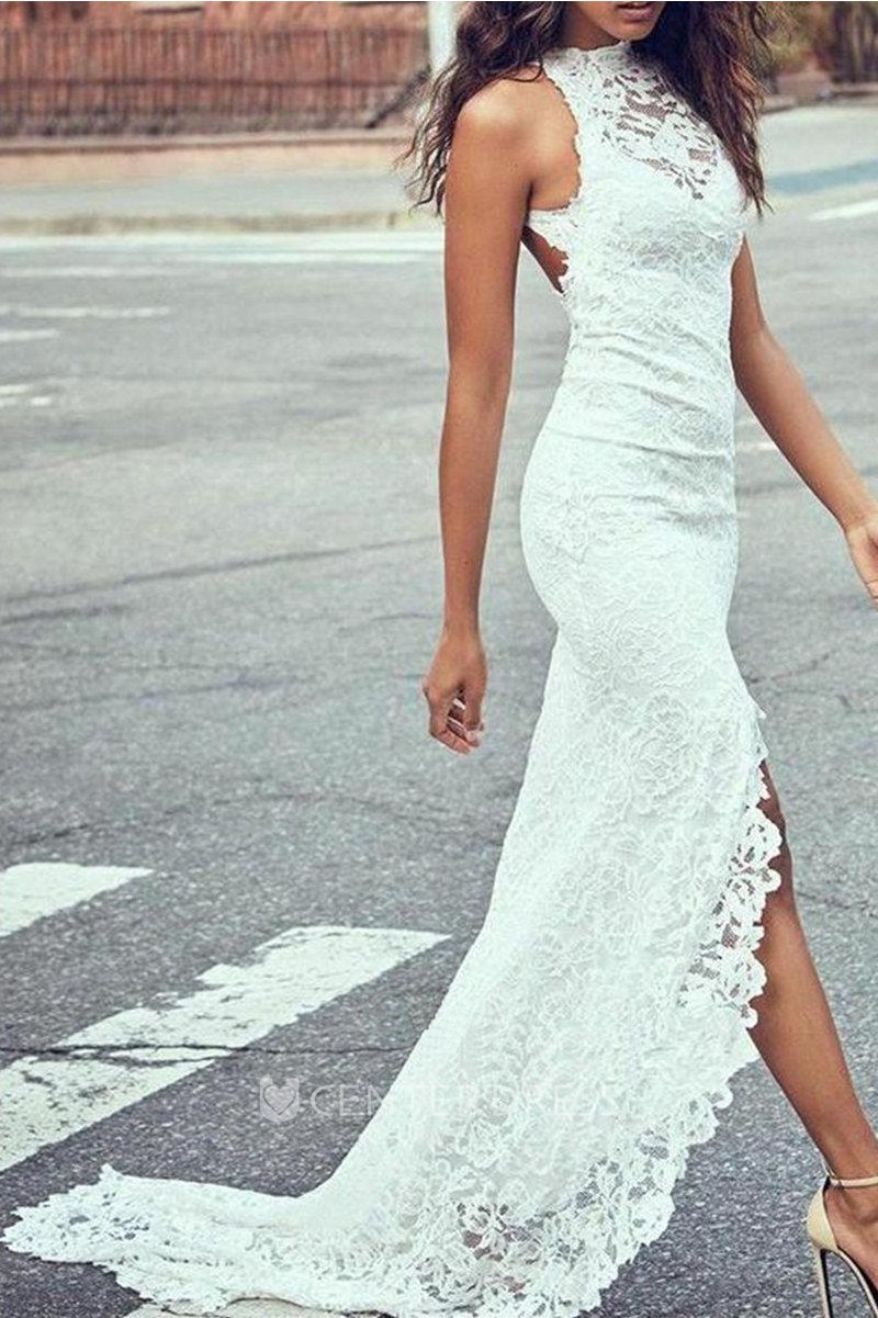 Sexy Lace Sheath Halter Sleeveless Split Front Wedding Gown with