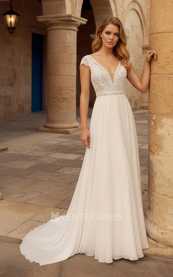 Romantic Elegant A-Line Lace Appliques Chiffon Wedding Dress with Plunging Neckline Deep-V Back for Beach Ceremony