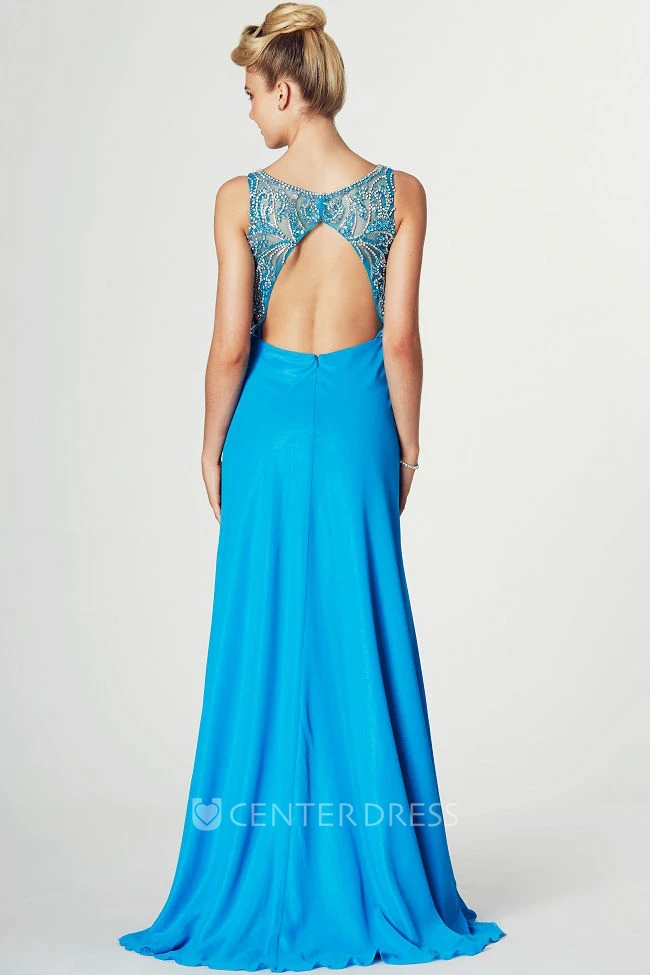 Ruched Sleeveless Scoop Neck Chiffon Prom Dress With Pleats And Beading