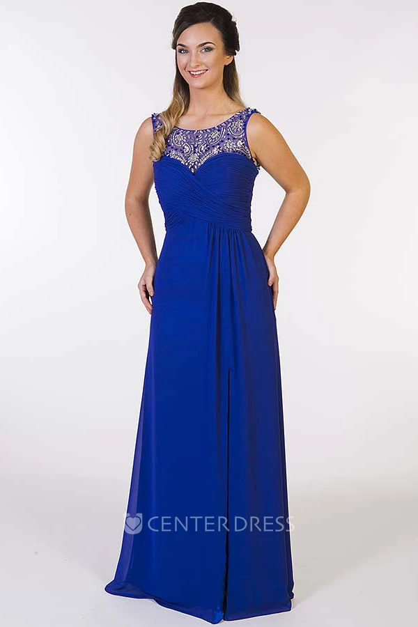 Scoop Neck Sleeveless Criss-Cross Chiffon Prom Dress With Beading