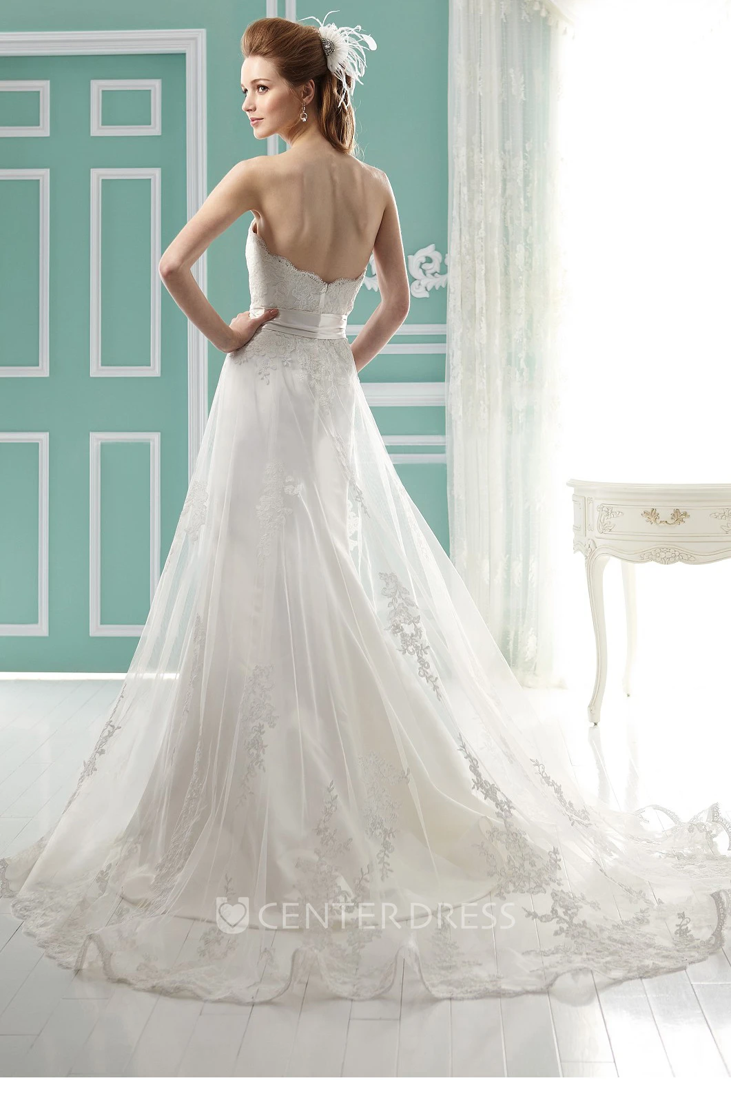 Sweetheart Long Wedding Gown with Bow Sash and Appliques