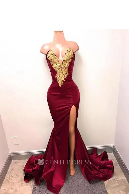 Sexy Bodycon Notched Taffeta Tall Women Sweep Brush Train Sleeveless Appliques Split Front Dress