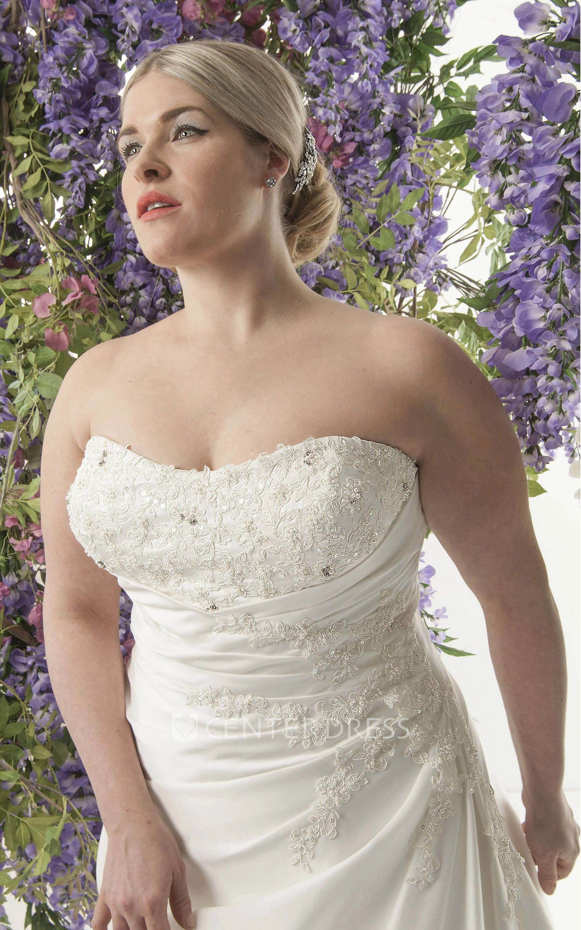 Strapless Side-Ruched Sheath Dress With Lace Top