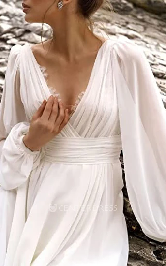 Bohemian Beach A-Line Chiffon Spring Wedding Dress with V-neck and Poet Sleeves
