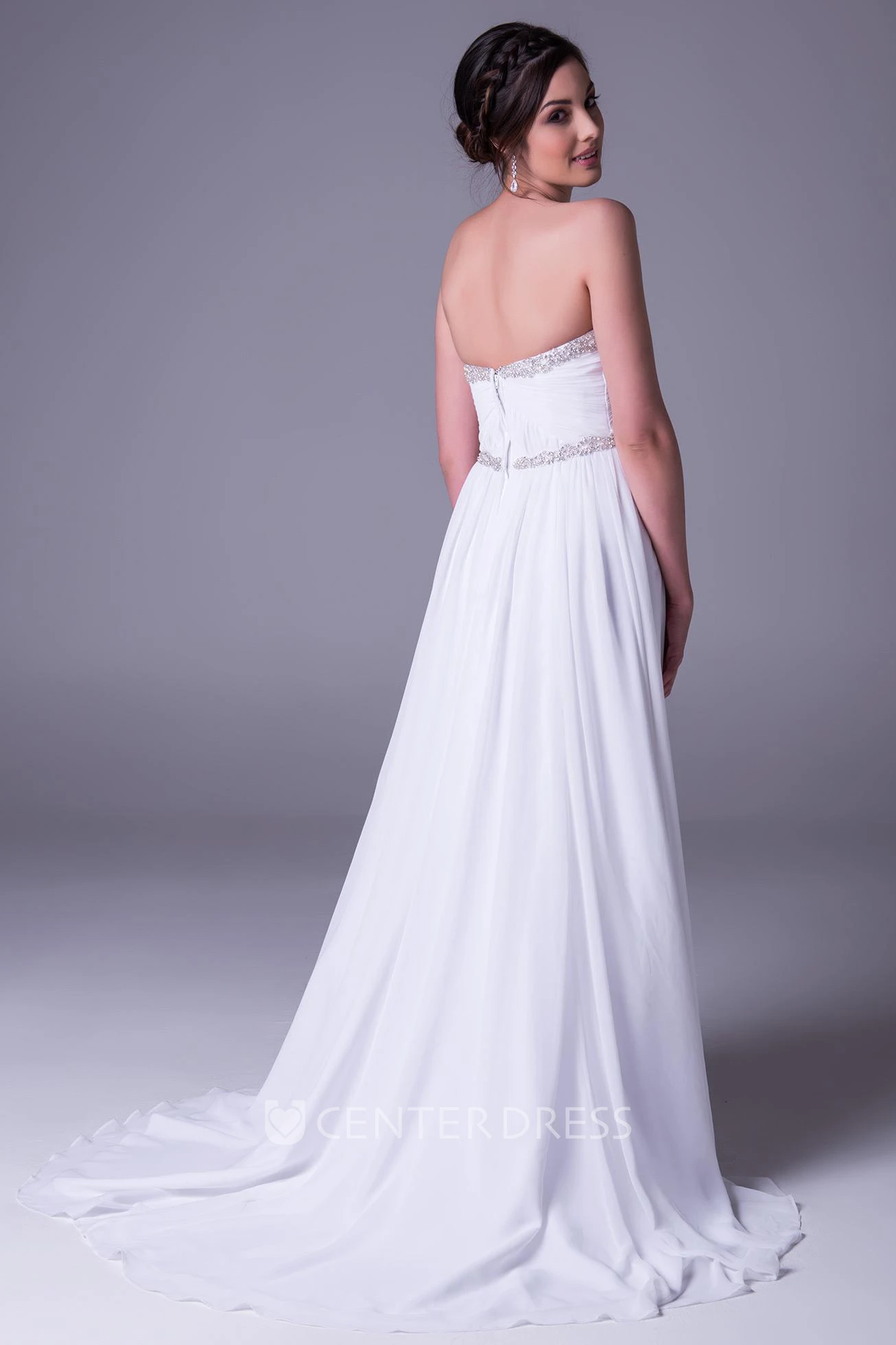 Sheath Ruched Sleeveless Floor-Length Strapless Chiffon Wedding Dress With Beading