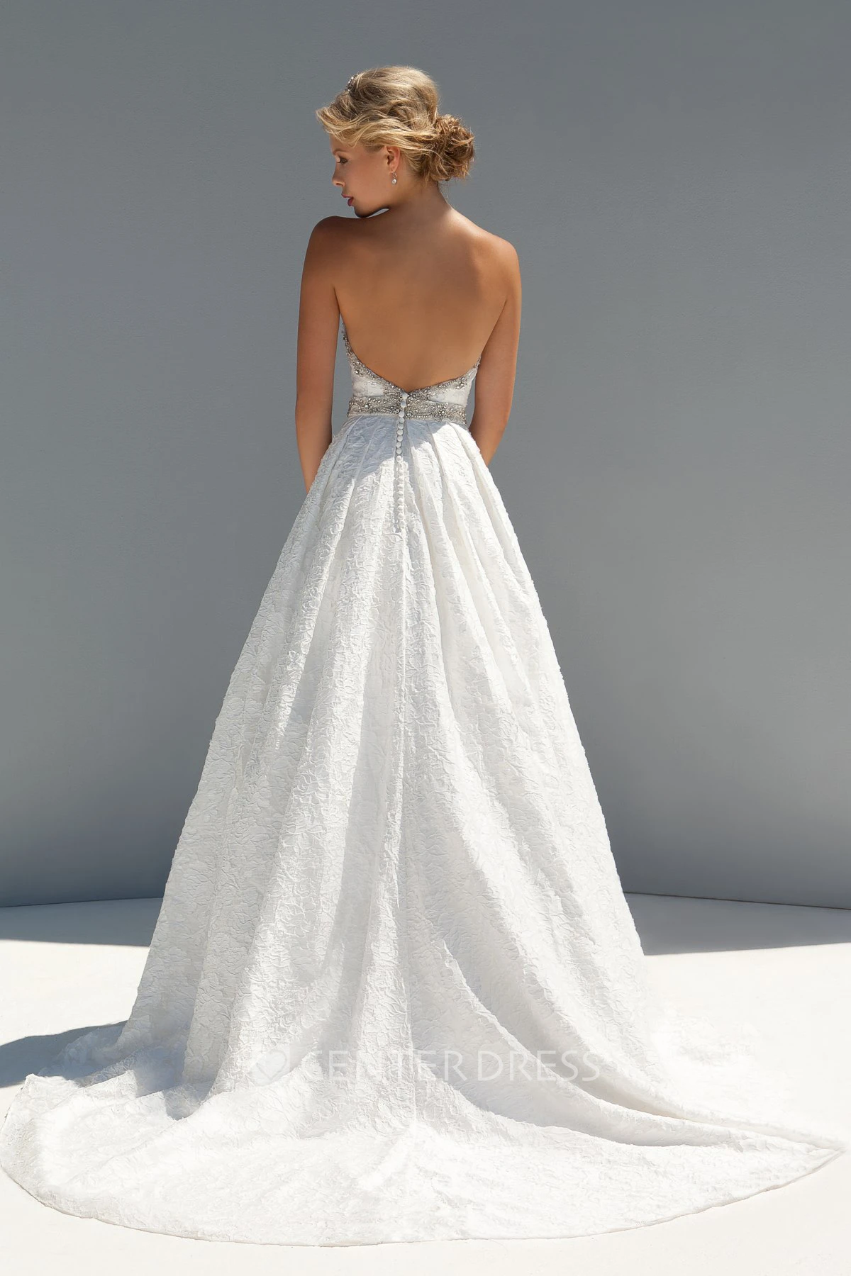 A-Line Long Sleeveless Sweetheart Appliqued Lace Wedding Dress With Waist Jewellery And Beading