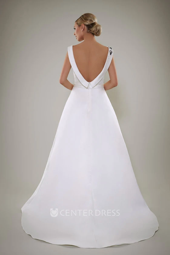 A-Line Sleeveless Scoop Floor-Length Beaded Satin Wedding Dress With Deep-V Back And Sweep Train