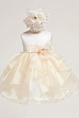 Tea-Length Tiered Organza&Satin Flower Girl Dress
