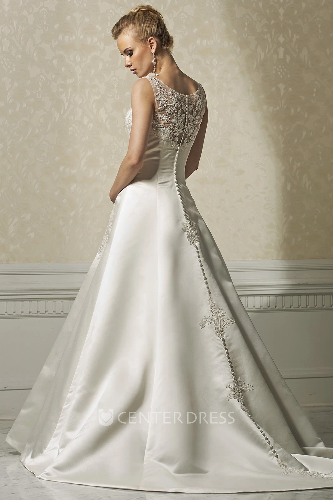A-Line Bateau-Neck Maxi Sleeveless Appliqued Satin Wedding Dress