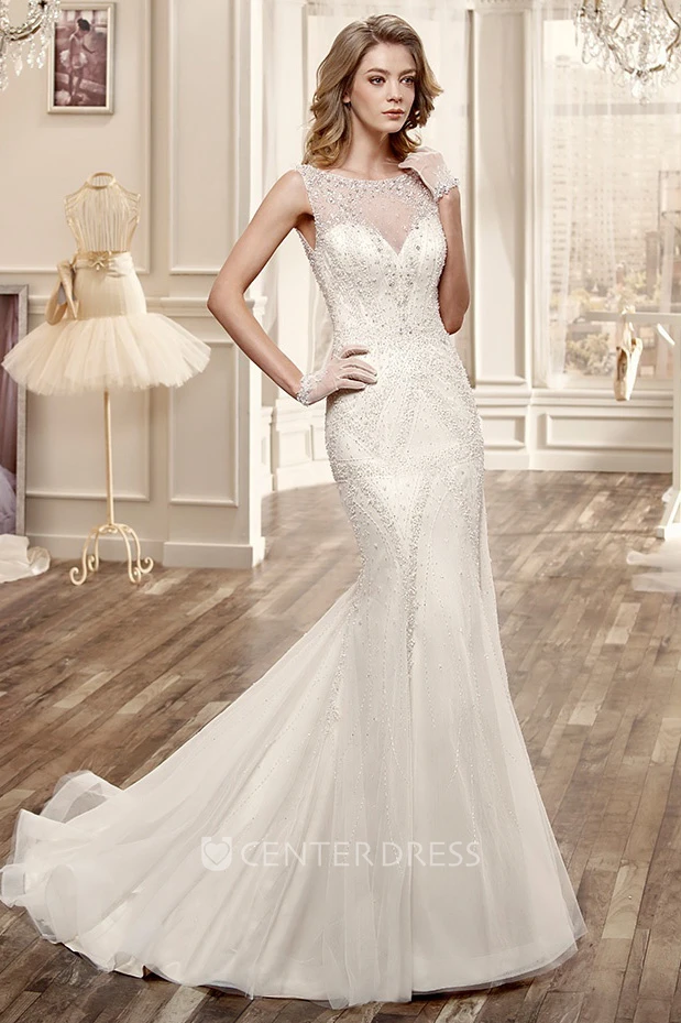 Cap-Sleeve Mermaid Long Wedding Dress With Beadings And Brush Train