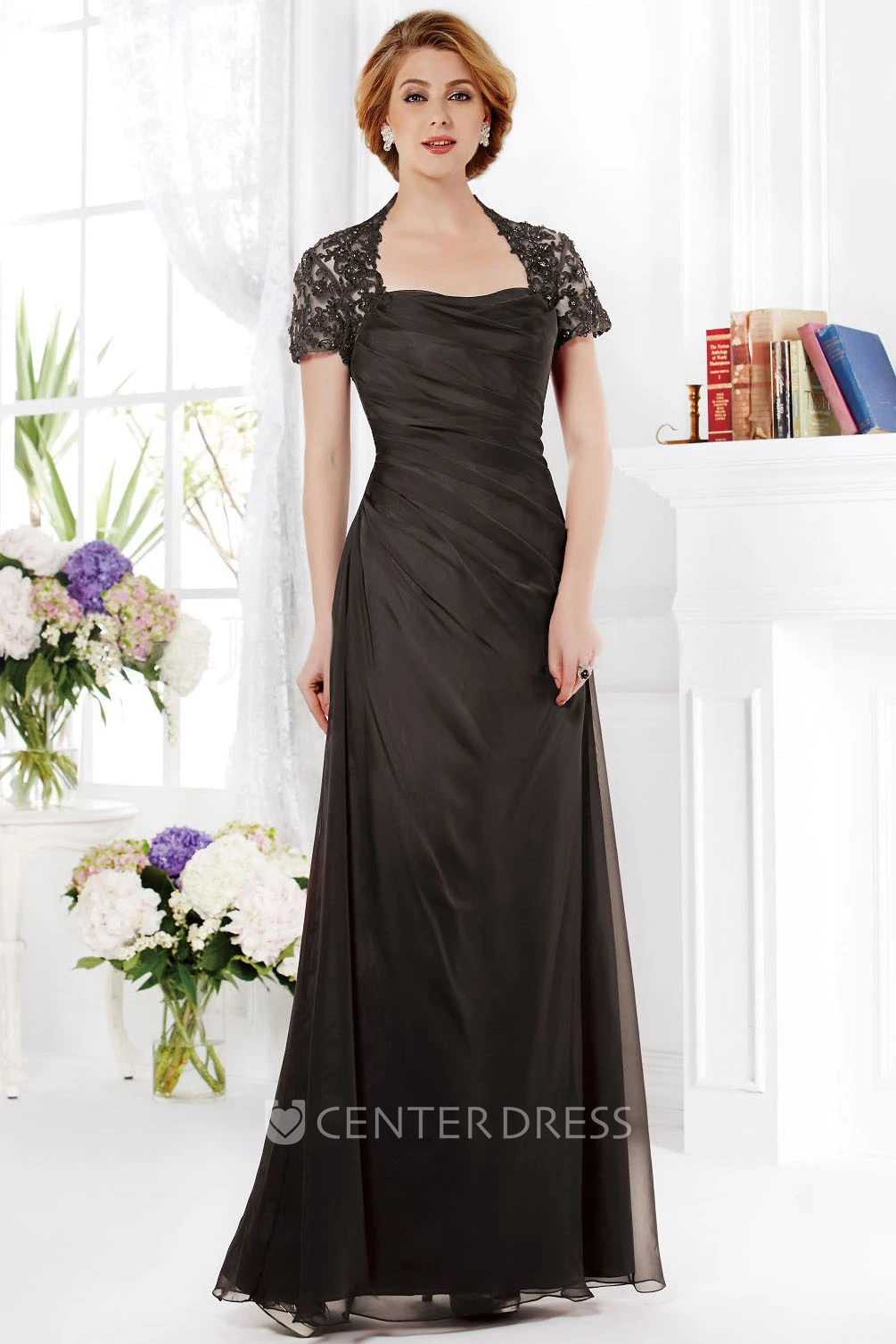 Short-Sleeved A-Line Mother Of The Bride Dress With Ruches And Square Neck