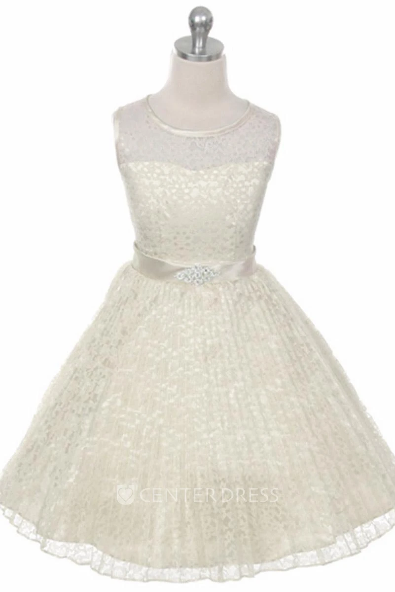 Tea-Length Illusion Pleated Lace&Satin Flower Girl Dress