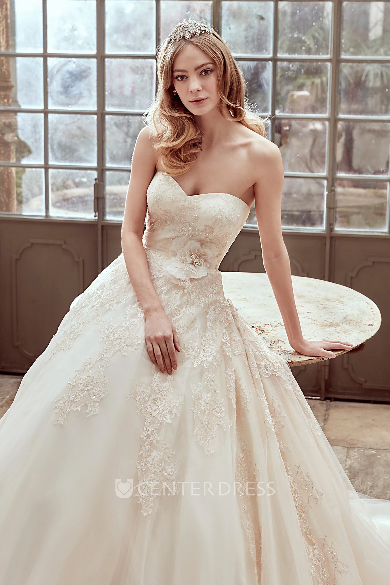 Sweetheart A-Line Gown With Side Floral Waist And Beaded Appliques