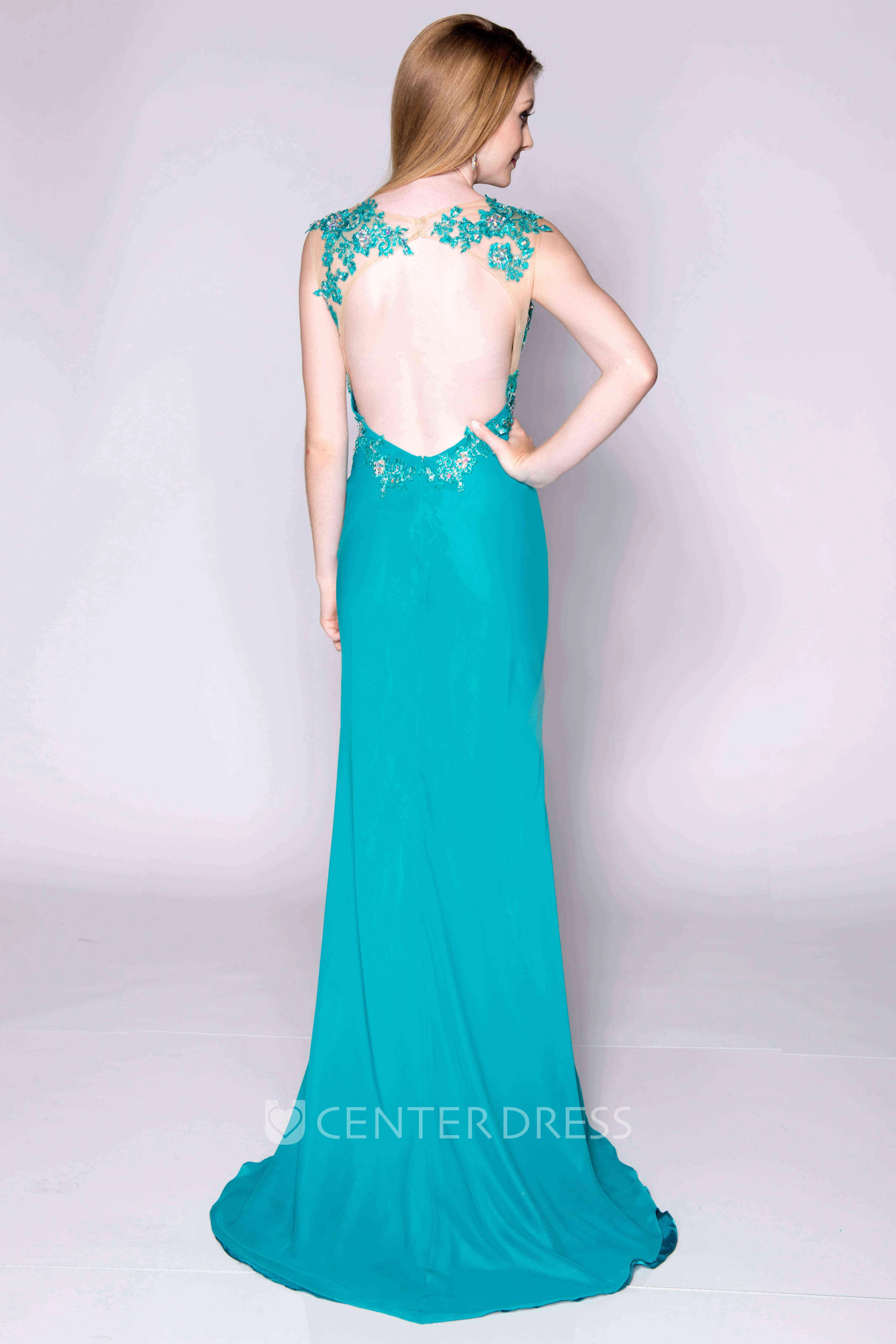 Sleeveless Lace And Jersey Prom Dress Featuring Keyhole Back