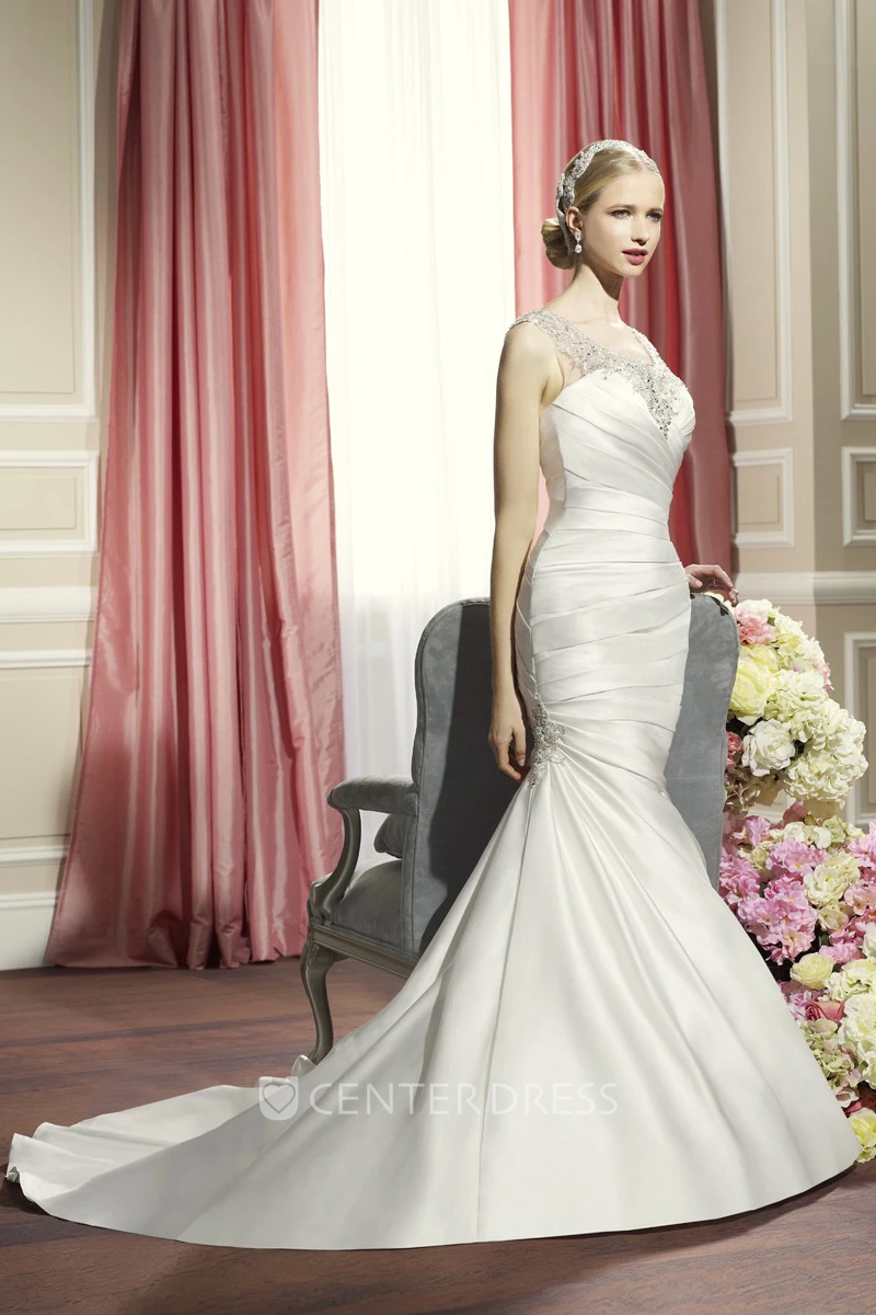 A-Line Poet-Sleeve Long Sweetheart Beaded Wedding Dress With Criss Cross And Draping
