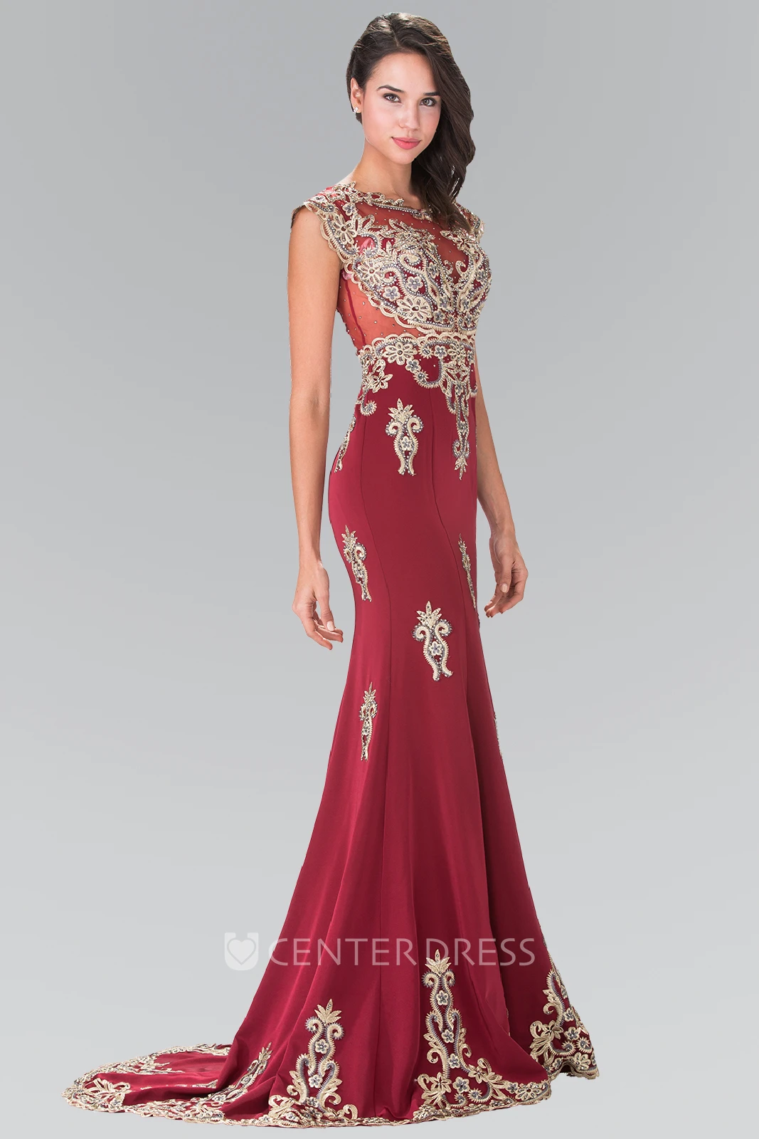 Trumpet Scoop-Neck Cap-Sleeve Jersey Dress With Appliques And Beading