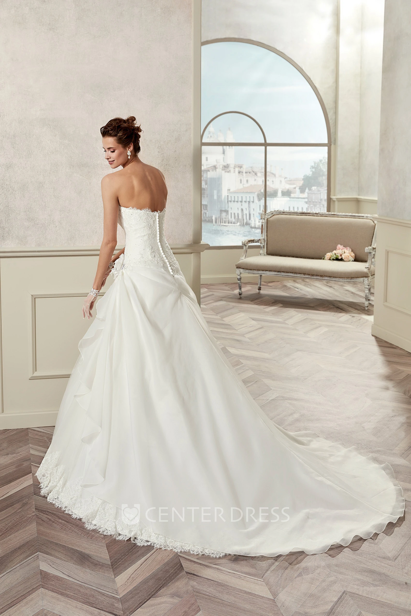 Sweetheart A-Line Bridal Gown With Asymmetrical Ruffles And Fine Appliques