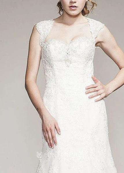A-Line Queen-Anne Appliqued Floor-Length Lace Wedding Dress With Beading