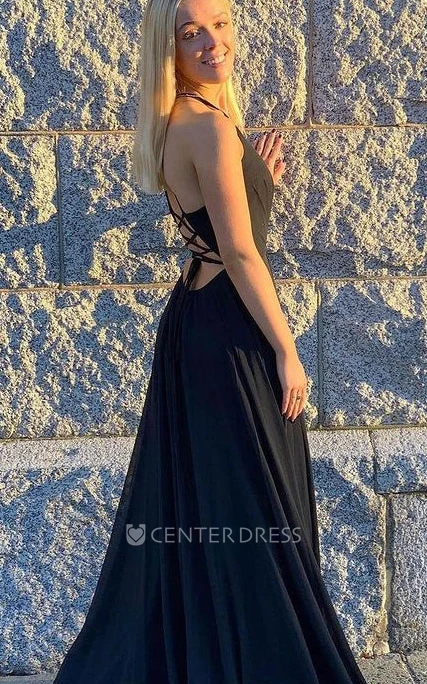 Simple Plunging Neckline A Line Jersey Sleeveless Floor-length Formal Dress with Split Front