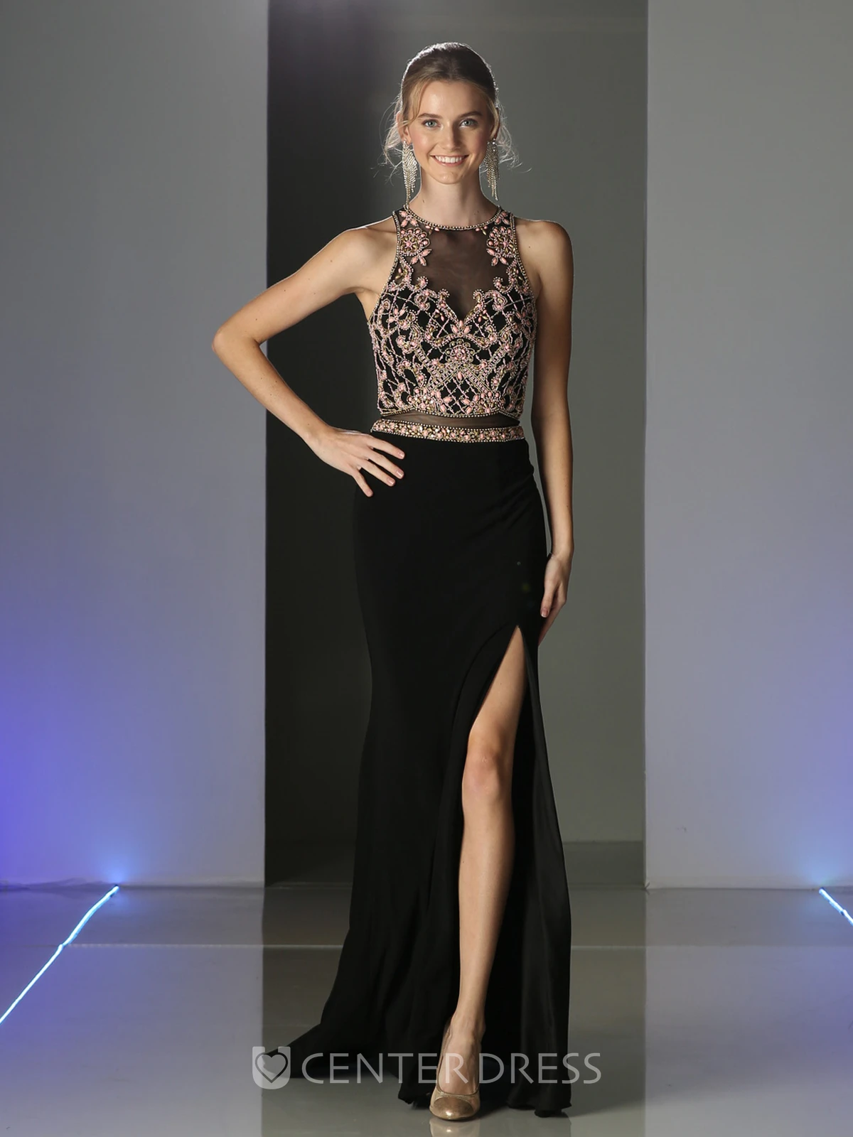 Sheath Scoop-Neck Sleeveless Jersey Illusion Dress With Split Front And Beading